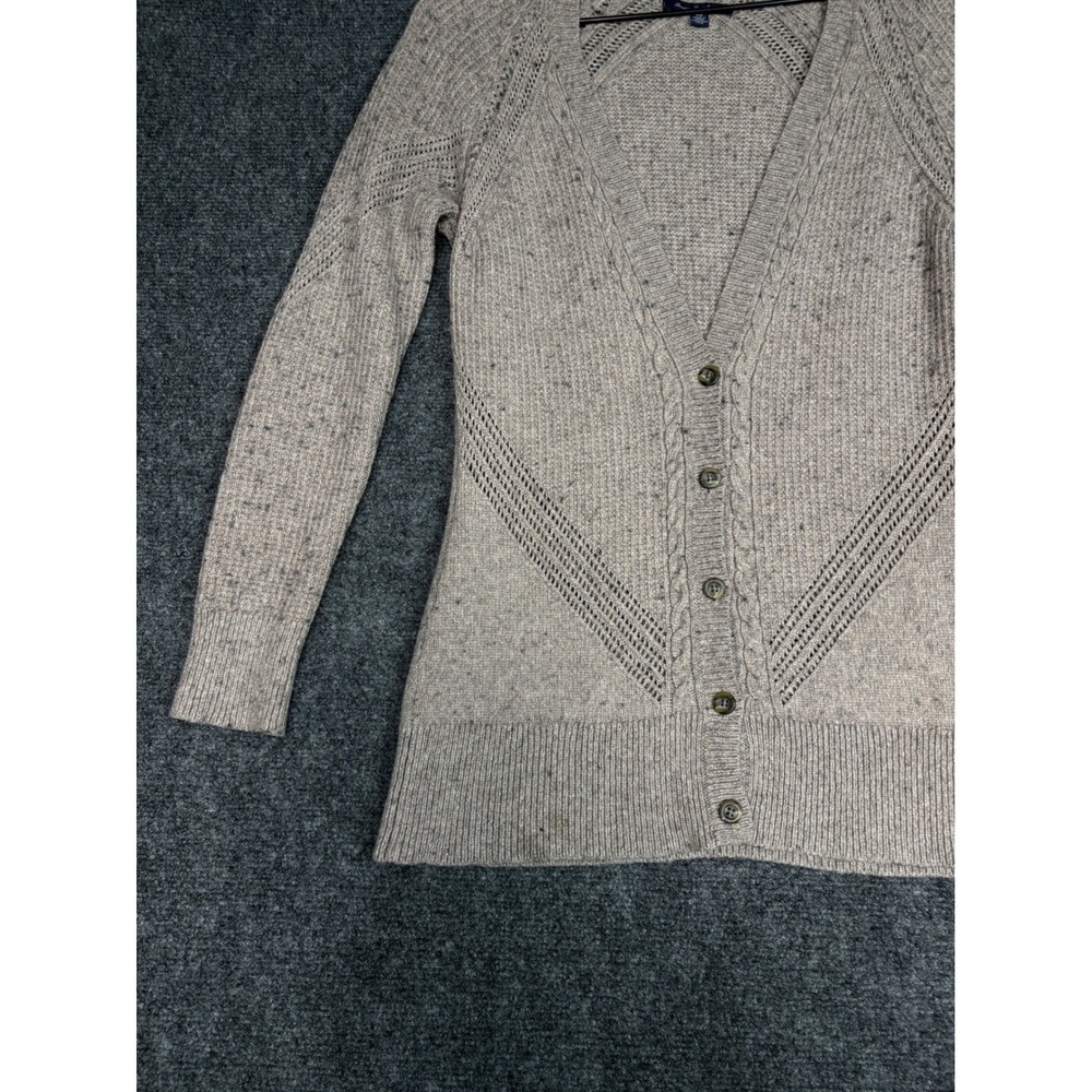 American Eagle Cardigan Sweater Womens M Tan Marl V-Neck Cable Pointelle Knit - Picture 7 of 11